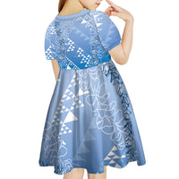 Hawaii Royal Blue Kapa Kid Short Sleeve Dress Vintage 'Ohe Kāpala Motifs Mix Plumeria Leis