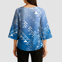 Hawaii Royal Blue Kapa Kimono Sleeve Blouse Vintage 'Ohe Kāpala Motifs Mix Plumeria Leis