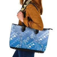 Hawaii Royal Blue Kapa Leather Tote Bag Vintage 'Ohe Kāpala Motifs Mix Plumeria Leis