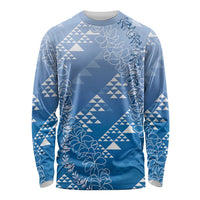 Hawaii Royal Blue Kapa Long Sleeve Shirt Vintage 'Ohe Kāpala Motifs Mix Plumeria Leis