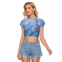 Hawaii Royal Blue Kapa Raglan Cropped T Shirt Vintage 'Ohe Kāpala Motifs Mix Plumeria Leis