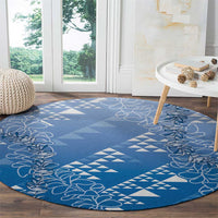 Hawaii Royal Blue Kapa Round Carpet Vintage 'Ohe Kāpala Motifs Mix Plumeria Leis
