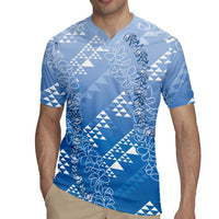 Hawaii Royal Blue Kapa Rugby Jersey Vintage 'Ohe Kāpala Motifs Mix Plumeria Leis