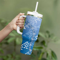Hawaii Royal Blue Kapa Tumbler With Handle Vintage 'Ohe Kāpala Motifs Mix Plumeria Leis