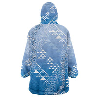 Hawaii Royal Blue Kapa Wearable Blanket Hoodie Vintage 'Ohe Kāpala Motifs Mix Plumeria Leis