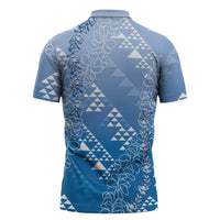 Hawaii Royal Blue Kapa Zipper Polo Shirt Vintage 'Ohe Kāpala Motifs Mix Plumeria Leis