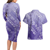 Hawaii Lavender Kapa Couples Matching Long Sleeve Bodycon Dress and Hawaiian Shirt Vintage 'Ohe Kāpala Motifs Mix Plumeria Leis