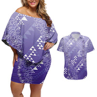 Hawaii Lavender Kapa Couples Matching Off Shoulder Short Dress and Hawaiian Shirt Vintage 'Ohe Kāpala Motifs Mix Plumeria Leis