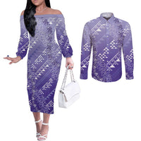 Hawaii Lavender Kapa Couples Matching Off The Shoulder Long Sleeve Dress and Long Sleeve Button Shirt Vintage 'Ohe Kāpala Motifs Mix Plumeria Leis