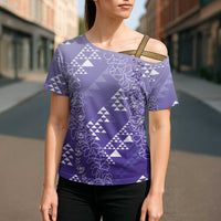 Hawaii Lavender Kapa Cross Shoulder Shirt Vintage 'Ohe Kāpala Motifs Mix Plumeria Leis