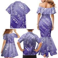 Hawaii Lavender Kapa Family Matching Mermaid Dress and Hawaiian Shirt Vintage 'Ohe Kāpala Motifs Mix Plumeria Leis