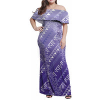Hawaii Lavender Kapa Family Matching Off Shoulder Maxi Dress and Hawaiian Shirt Vintage 'Ohe Kāpala Motifs Mix Plumeria Leis