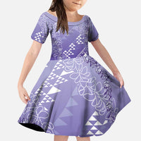 Hawaii Lavender Kapa Family Matching Short Sleeve Bodycon Dress and Hawaiian Shirt Vintage 'Ohe Kāpala Motifs Mix Plumeria Leis LT7 Daughter's Dress Lavender - Polynesian Pride