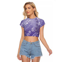 Hawaii Lavender Kapa Raglan Cropped T Shirt Vintage 'Ohe Kāpala Motifs Mix Plumeria Leis