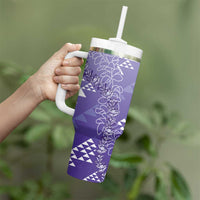Hawaii Lavender Kapa Tumbler With Handle Vintage 'Ohe Kāpala Motifs Mix Plumeria Leis