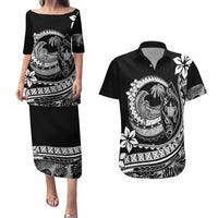 Polynesian Plumeria Couples Matching Puletasi Dress and Hawaiian Shirt Ride The Waves - Black LT7 Black - Polynesian Pride