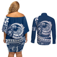 Polynesian Plumeria Couples Matching Off Shoulder Short Dress and Long Sleeve Button Shirts Ride The Waves - Navy Blue LT7 - Polynesian Pride