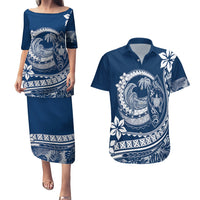 Polynesian Plumeria Couples Matching Puletasi Dress and Hawaiian Shirt Ride The Waves - Navy Blue LT7 Navy Blue - Polynesian Pride