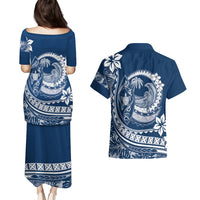 Polynesian Plumeria Couples Matching Puletasi Dress and Hawaiian Shirt Ride The Waves - Navy Blue LT7 - Polynesian Pride