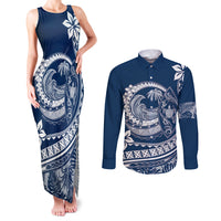 Polynesian Plumeria Couples Matching Tank Maxi Dress and Long Sleeve Button Shirts Ride The Waves - Navy Blue LT7 Navy Blue - Polynesian Pride