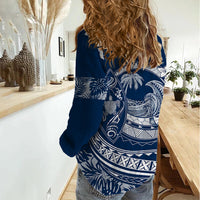 Polynesian Plumeria Women Casual Shirt Ride The Waves - Navy Blue LT7 - Polynesian Pride