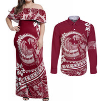 Polynesian Plumeria Couples Matching Off Shoulder Maxi Dress and Long Sleeve Button Shirts Ride The Waves - Burgundy LT7 Burgundy - Polynesian Pride