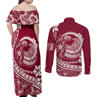Polynesian Plumeria Couples Matching Off Shoulder Maxi Dress and Long Sleeve Button Shirts Ride The Waves - Burgundy LT7 - Polynesian Pride