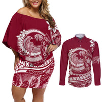 Polynesian Plumeria Couples Matching Off Shoulder Short Dress and Long Sleeve Button Shirts Ride The Waves - Burgundy LT7 Burgundy - Polynesian Pride