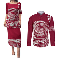 Polynesian Plumeria Couples Matching Puletasi Dress and Long Sleeve Button Shirts Ride The Waves - Burgundy LT7 Burgundy - Polynesian Pride