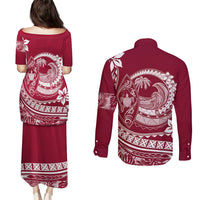 Polynesian Plumeria Couples Matching Puletasi Dress and Long Sleeve Button Shirts Ride The Waves - Burgundy LT7 - Polynesian Pride