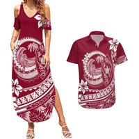 Polynesian Plumeria Couples Matching Summer Maxi Dress and Hawaiian Shirt Ride The Waves - Burgundy LT7 Burgundy - Polynesian Pride