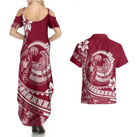 Polynesian Plumeria Couples Matching Summer Maxi Dress and Hawaiian Shirt Ride The Waves - Burgundy LT7 - Polynesian Pride