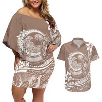 Polynesian Plumeria Couples Matching Off Shoulder Short Dress and Hawaiian Shirt Ride The Waves - Beige LT7 Beige - Polynesian Pride