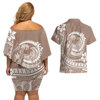 Polynesian Plumeria Couples Matching Off Shoulder Short Dress and Hawaiian Shirt Ride The Waves - Beige LT7 - Polynesian Pride
