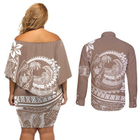 Polynesian Plumeria Couples Matching Off Shoulder Short Dress and Long Sleeve Button Shirts Ride The Waves - Beige LT7 - Polynesian Pride