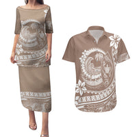 Polynesian Plumeria Couples Matching Puletasi Dress and Hawaiian Shirt Ride The Waves - Beige LT7 Beige - Polynesian Pride