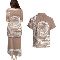 Polynesian Plumeria Couples Matching Puletasi Dress and Hawaiian Shirt Ride The Waves - Beige LT7 - Polynesian Pride