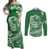 Polynesian Plumeria Couples Matching Off Shoulder Maxi Dress and Long Sleeve Button Shirts Ride The Waves - Green LT7 Green - Polynesian Pride