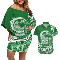Polynesian Plumeria Couples Matching Off Shoulder Short Dress and Hawaiian Shirt Ride The Waves - Green LT7 Green - Polynesian Pride