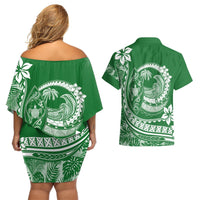 Polynesian Plumeria Couples Matching Off Shoulder Short Dress and Hawaiian Shirt Ride The Waves - Green LT7 - Polynesian Pride