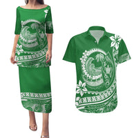 Polynesian Plumeria Couples Matching Puletasi Dress and Hawaiian Shirt Ride The Waves - Green LT7 Green - Polynesian Pride