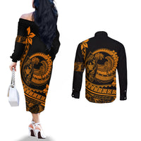 Polynesian Plumeria Couples Matching Off The Shoulder Long Sleeve Dress and Long Sleeve Button Shirts Ride The Waves - Orange LT7 - Polynesian Pride