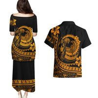 Polynesian Plumeria Couples Matching Puletasi Dress and Hawaiian Shirt Ride The Waves - Orange LT7 - Polynesian Pride
