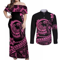 Polynesian Plumeria Couples Matching Off Shoulder Maxi Dress and Long Sleeve Button Shirts Ride The Waves - Pink LT7 Pink - Polynesian Pride
