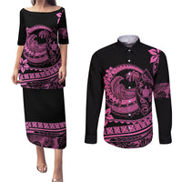 Polynesian Plumeria Couples Matching Puletasi Dress and Long Sleeve Button Shirts Ride The Waves - Pink LT7 Pink - Polynesian Pride