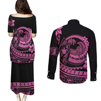 Polynesian Plumeria Couples Matching Puletasi Dress and Long Sleeve Button Shirts Ride The Waves - Pink LT7 - Polynesian Pride