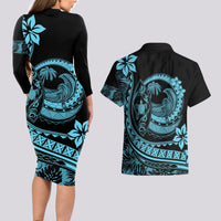 Polynesian Plumeria Couples Matching Long Sleeve Bodycon Dress and Hawaiian Shirt Ride The Waves - Turquoise LT7 - Polynesian Pride