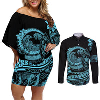Polynesian Plumeria Couples Matching Off Shoulder Short Dress and Long Sleeve Button Shirts Ride The Waves - Turquoise LT7 Turquoise - Polynesian Pride