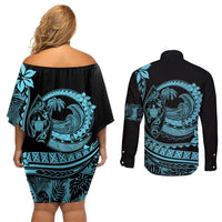 Polynesian Plumeria Couples Matching Off Shoulder Short Dress and Long Sleeve Button Shirts Ride The Waves - Turquoise LT7 - Polynesian Pride