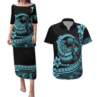Polynesian Plumeria Couples Matching Puletasi Dress and Hawaiian Shirt Ride The Waves - Turquoise LT7 Turquoise - Polynesian Pride
